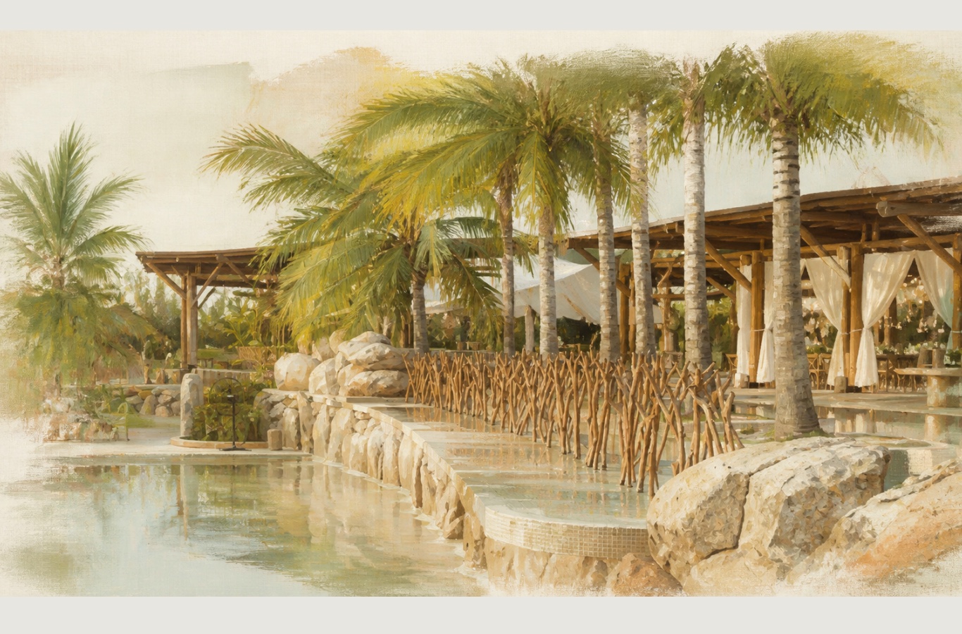 Paisaje tropical con palmeras, agua y arquitectura de madera